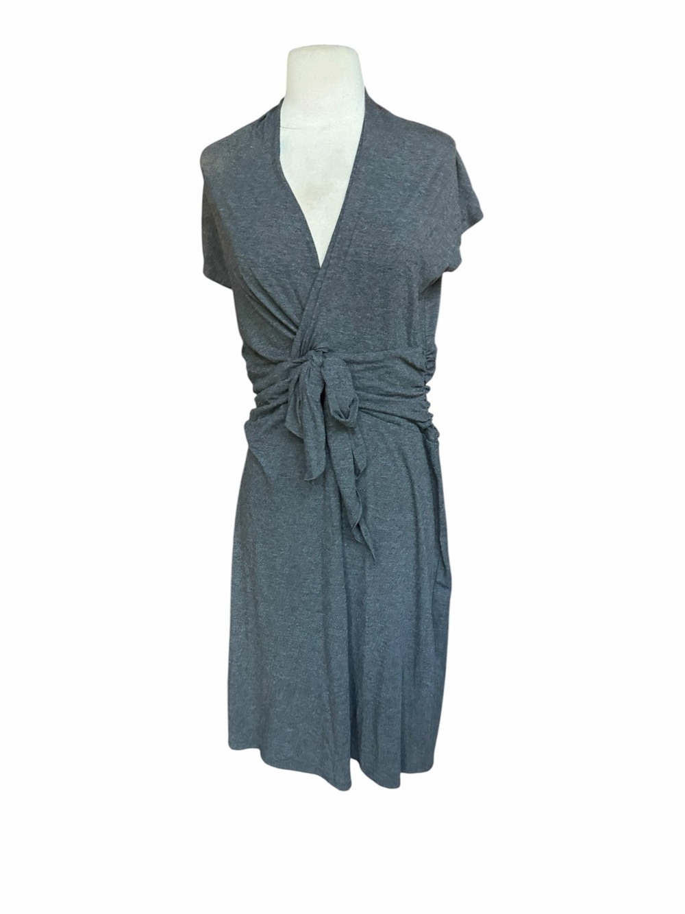 Max & Cleo Heathered Charcoal Grey Lylia Jersey Knit  Ruched Tie-Front Midi Dres